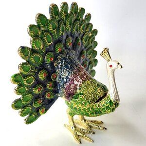 Peacock Decorative Box Trinket Jewelry Box Hinged Jeweled Gold Enamel Painted